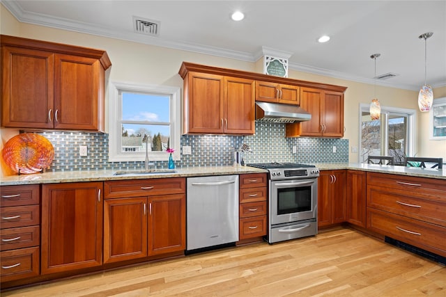 kitchen featuring pendant lighting, exhaust hood, stainless steel appliances, tasteful backsplash, and sink