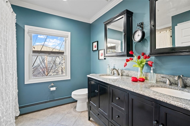 bathroom featuring toilet, ornamental molding, vanity, and a baseboard radiator