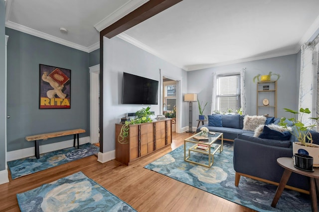 living room featuring hardwood / wood-style flooring and ornamental molding