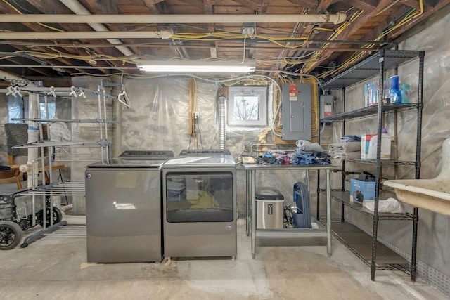 laundry area featuring washing machine and clothes dryer and electric panel