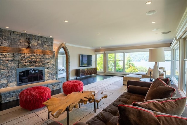 living room featuring a stone fireplace and crown molding