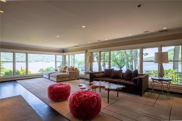 living room with baseboard heating, crown molding, and light hardwood / wood-style floors