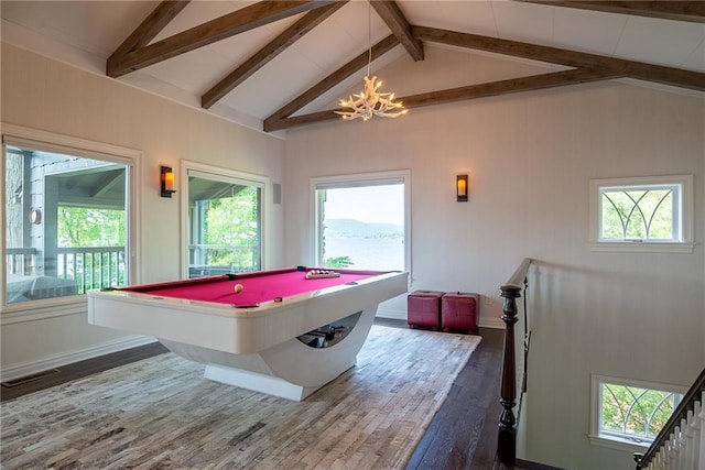 rec room featuring lofted ceiling with beams, hardwood / wood-style flooring, a notable chandelier, and billiards