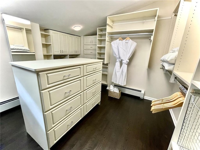 spacious closet featuring dark wood-type flooring and a baseboard radiator