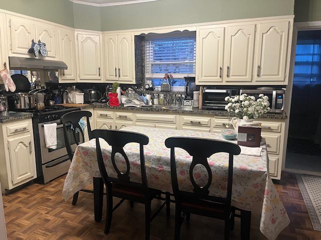 kitchen featuring dark parquet flooring, white cabinetry, and appliances with stainless steel finishes