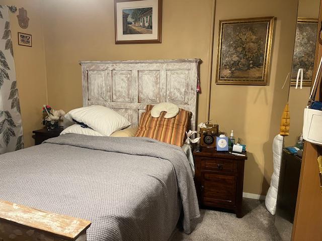 bedroom with light colored carpet