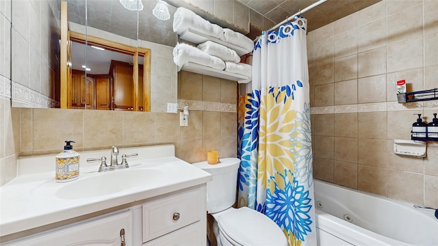 full bathroom featuring shower / bath combination with curtain, toilet, decorative backsplash, vanity, and tile walls