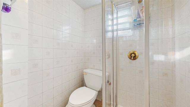 bathroom featuring toilet and a shower with shower door