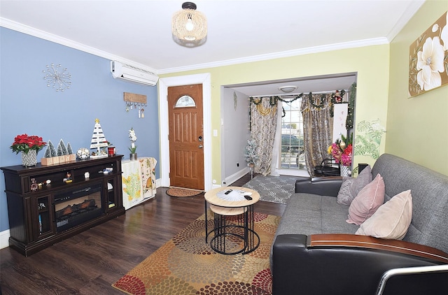 living room featuring an AC wall unit, crown molding, and dark hardwood / wood-style floors