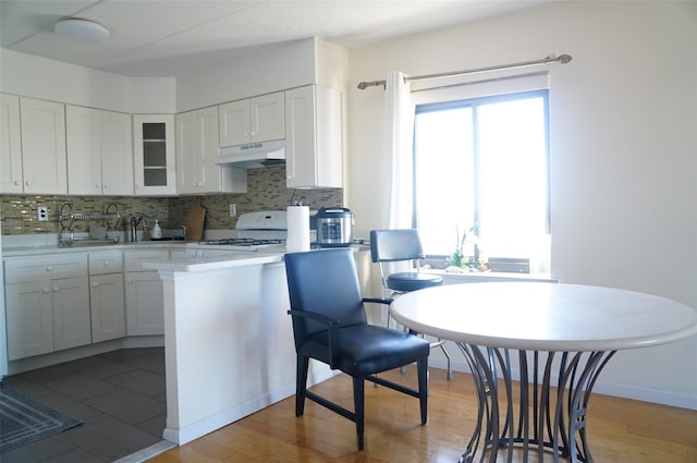 kitchen featuring white cabinets, range, sink, and tasteful backsplash