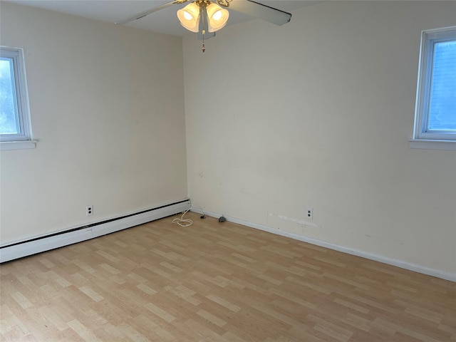 spare room with light hardwood / wood-style floors, baseboard heating, and ceiling fan