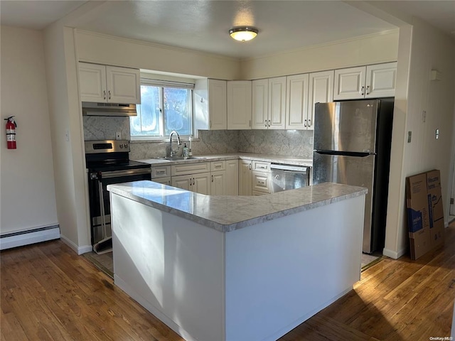 kitchen with white cabinets, backsplash, sink, and stainless steel appliances