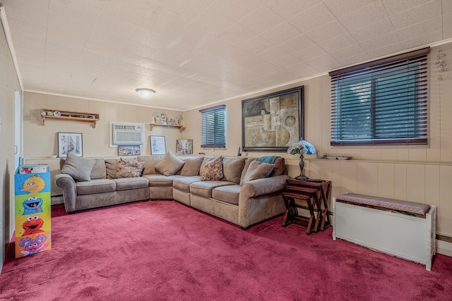 carpeted living room with baseboard heating, crown molding, and a wall unit AC