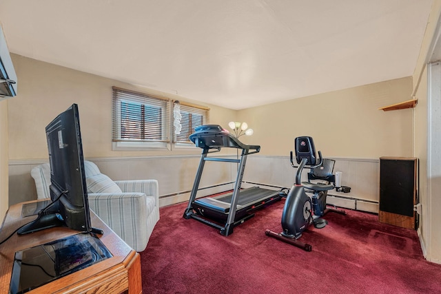 exercise area featuring a baseboard radiator and dark carpet