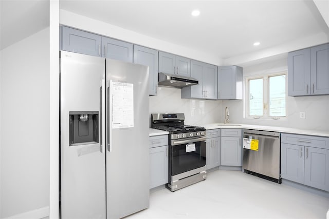 kitchen featuring backsplash, sink, gray cabinets, and stainless steel appliances