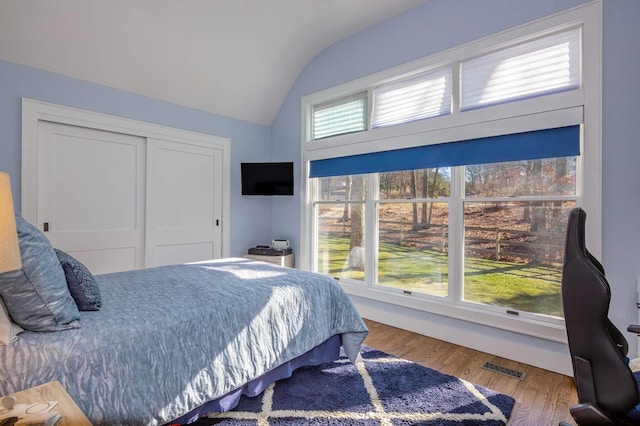 bedroom featuring multiple windows, vaulted ceiling, and hardwood / wood-style floors