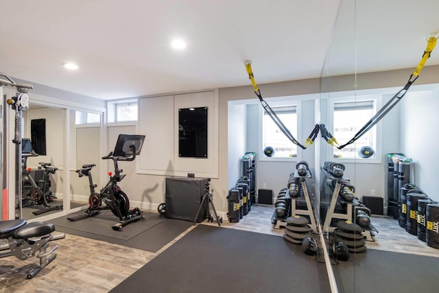 exercise room featuring plenty of natural light and wood-type flooring