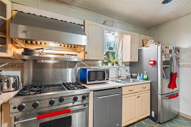 kitchen with wall chimney range hood, sink, and appliances with stainless steel finishes