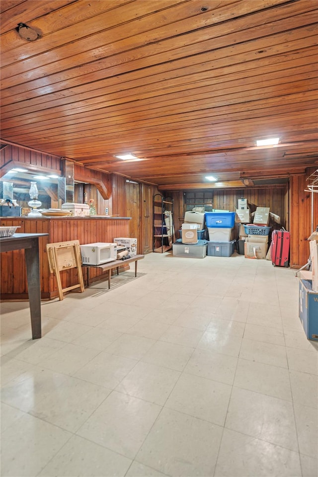 interior space featuring wooden walls and wooden ceiling