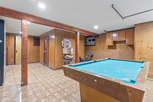 rec room featuring wood walls and pool table