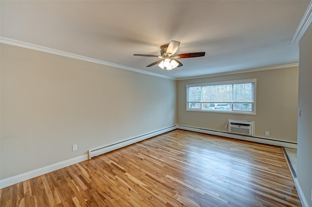 spare room featuring light hardwood / wood-style floors, a baseboard heating unit, ceiling fan, a wall mounted air conditioner, and ornamental molding