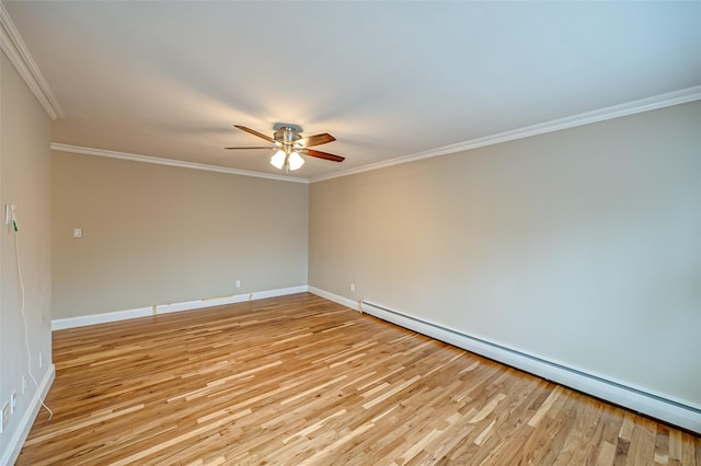 unfurnished room featuring light wood-type flooring, baseboard heating, and crown molding