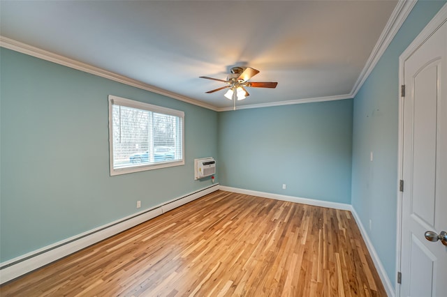 unfurnished room with ceiling fan, a wall mounted AC, crown molding, light wood-type flooring, and baseboard heating