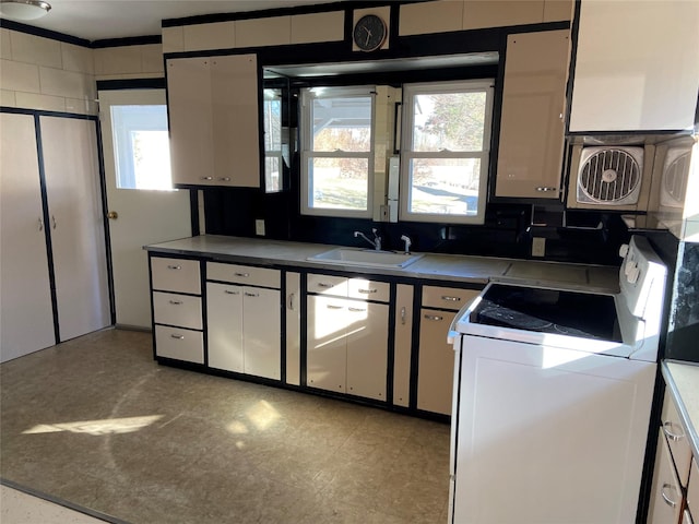 kitchen with sink, crown molding, white cabinetry, backsplash, and electric range