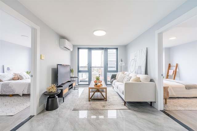 living room featuring french doors and a wall unit AC