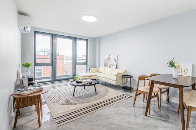 living room with an AC wall unit