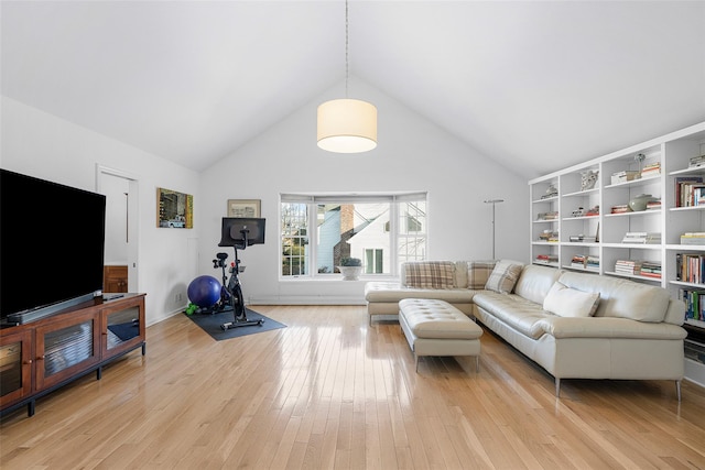 living area featuring high vaulted ceiling and light wood finished floors