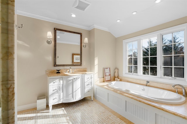 bathroom featuring visible vents, lofted ceiling, crown molding, vanity, and a bath