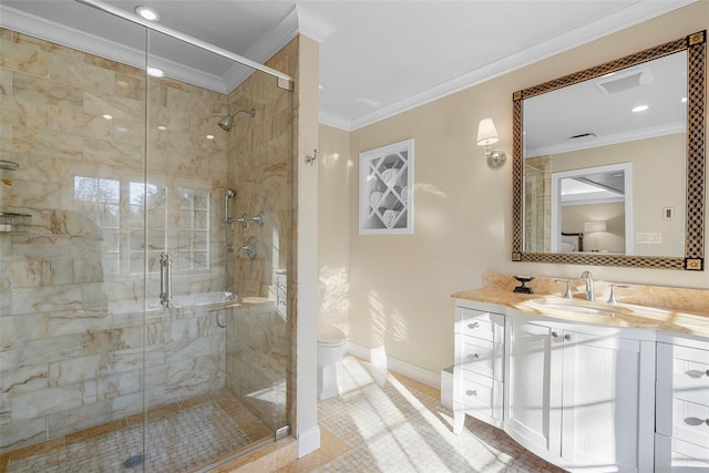 full bathroom with baseboards, toilet, crown molding, vanity, and a shower stall