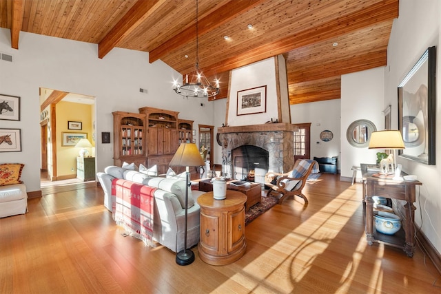 living room featuring wood ceiling, a stone fireplace, a notable chandelier, high vaulted ceiling, and beam ceiling