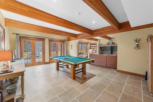 game room featuring pool table, french doors, and beamed ceiling