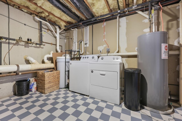 clothes washing area featuring water heater and washing machine and clothes dryer