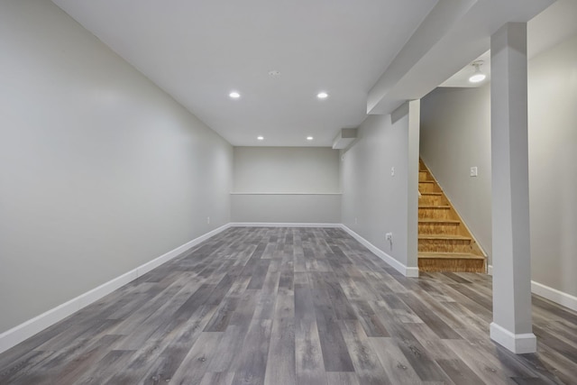 basement with wood-type flooring