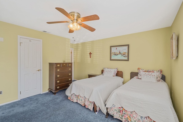 bedroom featuring ceiling fan and carpet floors