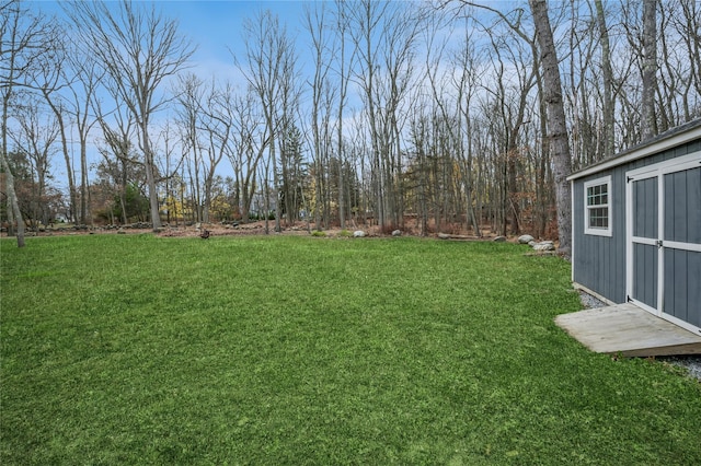 view of yard featuring a storage shed