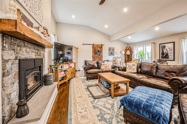 living room featuring a fireplace, vaulted ceiling, and dark wood-type flooring