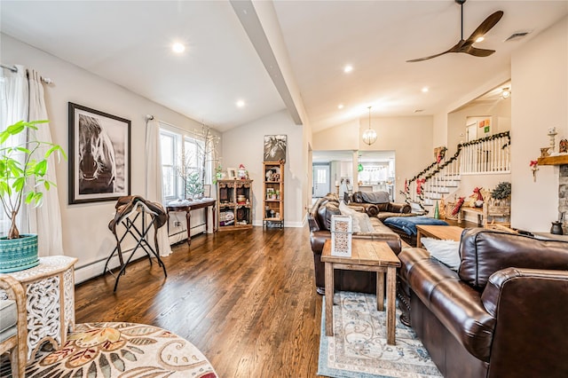 living room featuring ceiling fan, dark hardwood / wood-style flooring, vaulted ceiling with beams, and baseboard heating