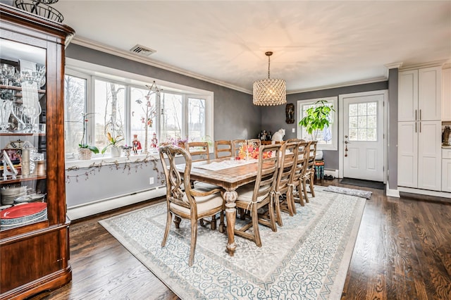 dining area with a healthy amount of sunlight, ornamental molding, a baseboard radiator, and dark hardwood / wood-style floors