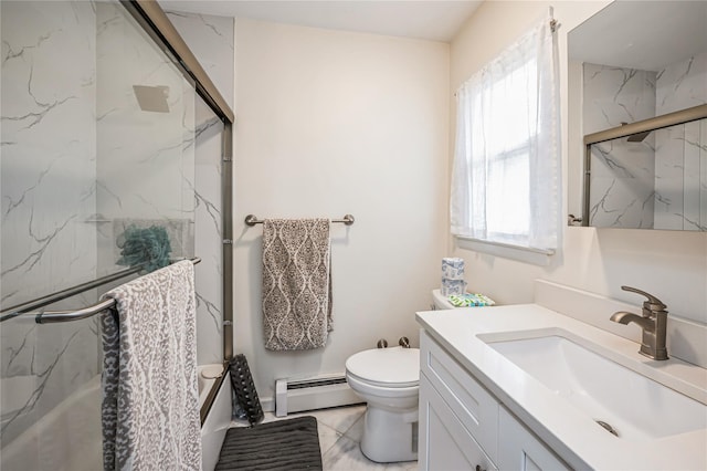 bathroom with toilet, vanity, and a baseboard heating unit