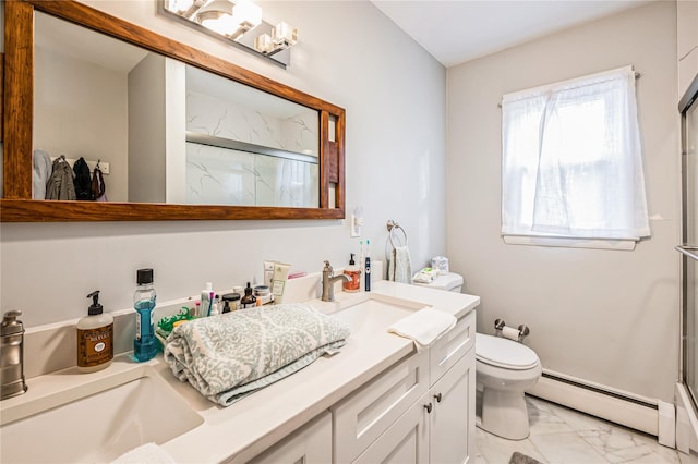 bathroom featuring toilet, a baseboard radiator, walk in shower, and vanity