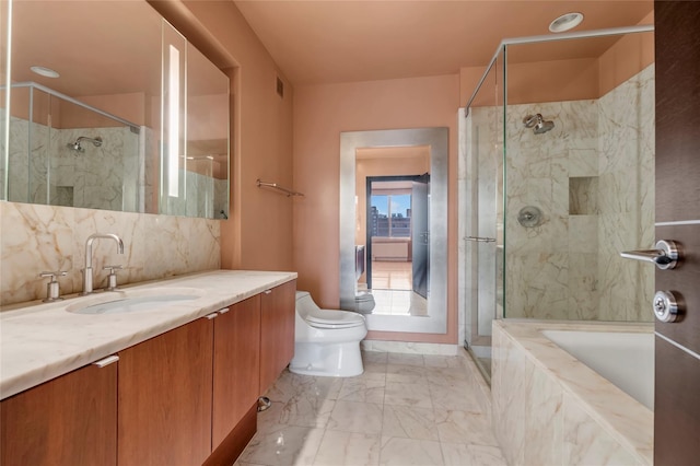 full bathroom featuring toilet, vanity, tasteful backsplash, and plus walk in shower