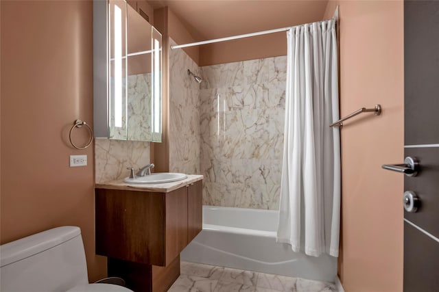 full bathroom with backsplash, toilet, vanity, and shower / bath combination with curtain