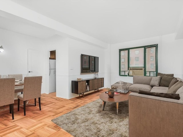 living room with cooling unit and light parquet floors