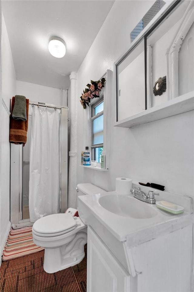 bathroom featuring vanity, curtained shower, and toilet