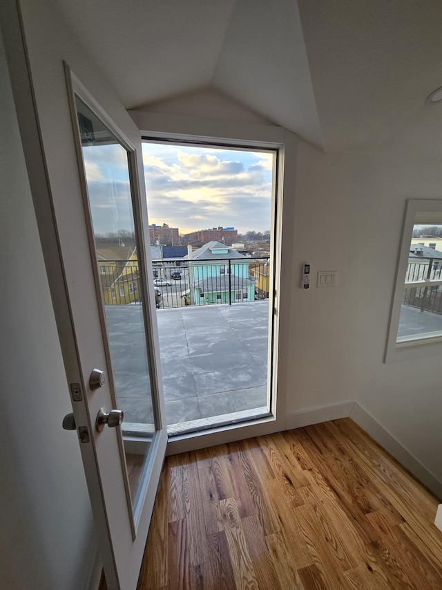 entryway featuring hardwood / wood-style floors and lofted ceiling