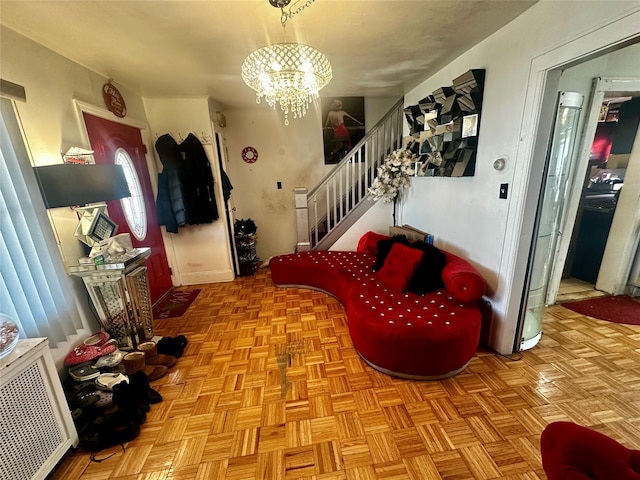 foyer with a chandelier and stairs